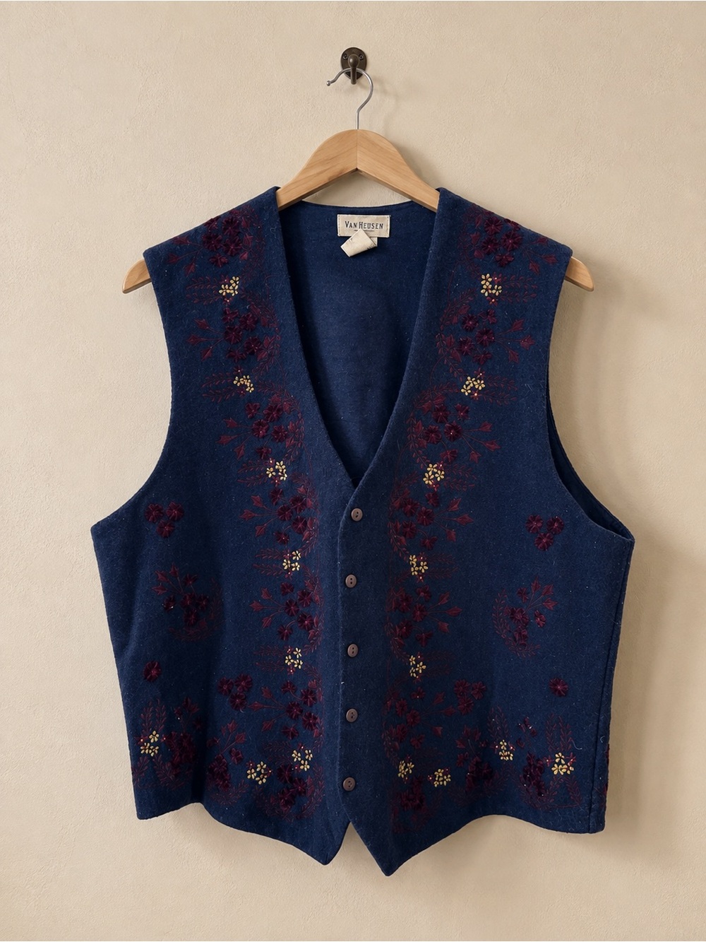 Van Heusen Navy Vest with Burgundy & Gold Floral Embroidery